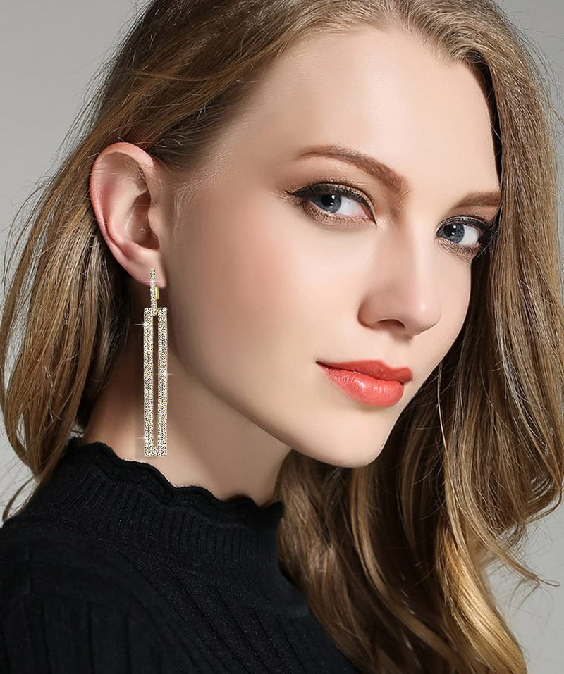 QJLE Geometric Rectangle Cubic Zirconia Rhinestone long Drop Dangle Earrings for women Hypoallergenic Pierced (Gold) - Image 3